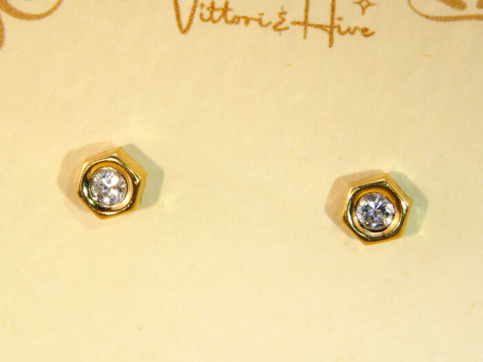 Bold Hexagonal Zircon Gold Stud Earrings Diamond Alternative 4