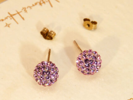 Pink Rhinestone Swarovski Disco Ball Yellow Gold Stud Earrings 1