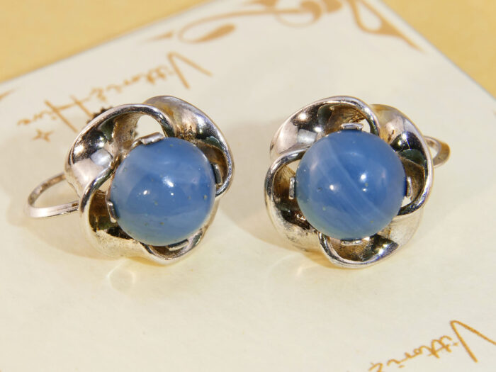 Swedish Blue Banded Agate 835 Silver Earrings with Screw Back 1