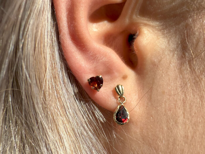 Teardrop Cut Red Garnet Drop Yellow Gold Earrings 10
