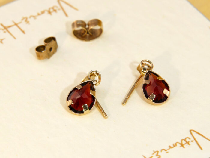 Teardrop Cut Red Garnet Drop Yellow Gold Earrings 3