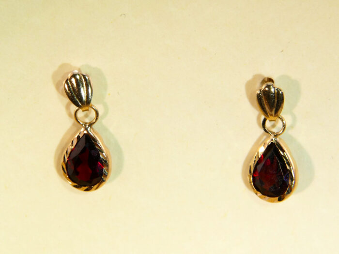 Teardrop Cut Red Garnet Drop Yellow Gold Earrings 4