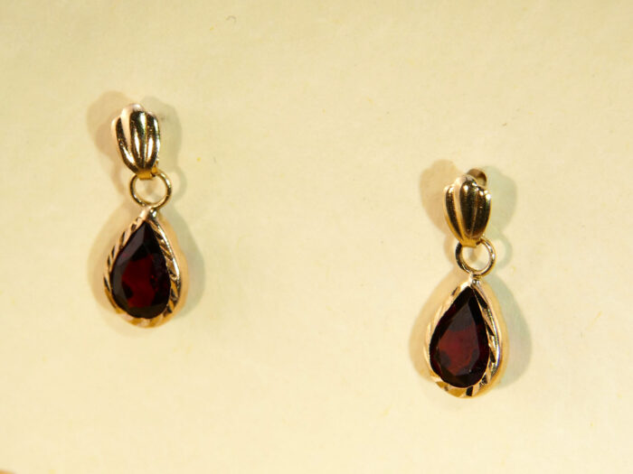 Teardrop Cut Red Garnet Drop Yellow Gold Earrings 5