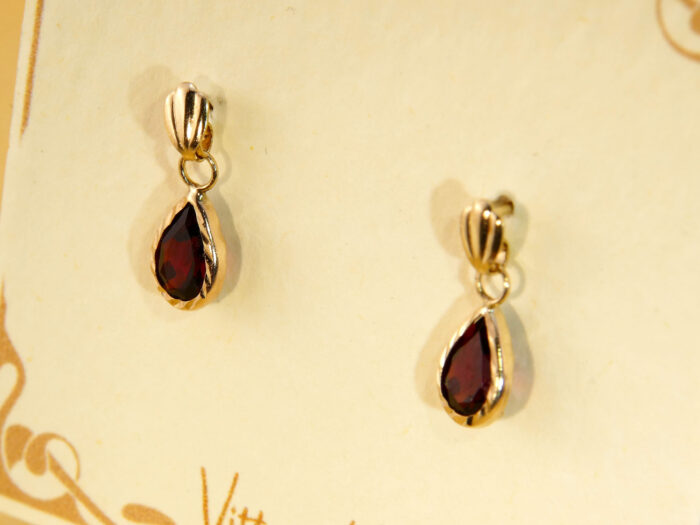 Teardrop Cut Red Garnet Drop Yellow Gold Earrings 6