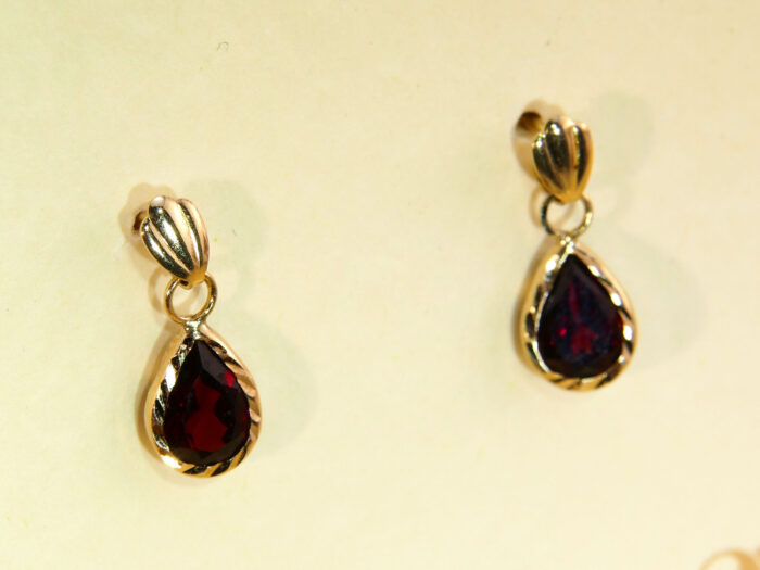 Teardrop Cut Red Garnet Drop Yellow Gold Earrings 7
