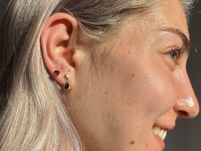 Teardrop Cut Red Garnet Drop Yellow Gold Earrings 8