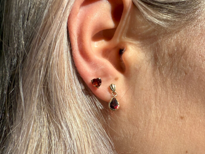 Teardrop Cut Red Garnet Drop Yellow Gold Earrings 9