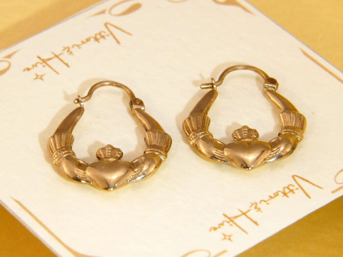 Vintage Claddagh Hoops 9ct Yellow Gold, Heart Hands Earrings 1