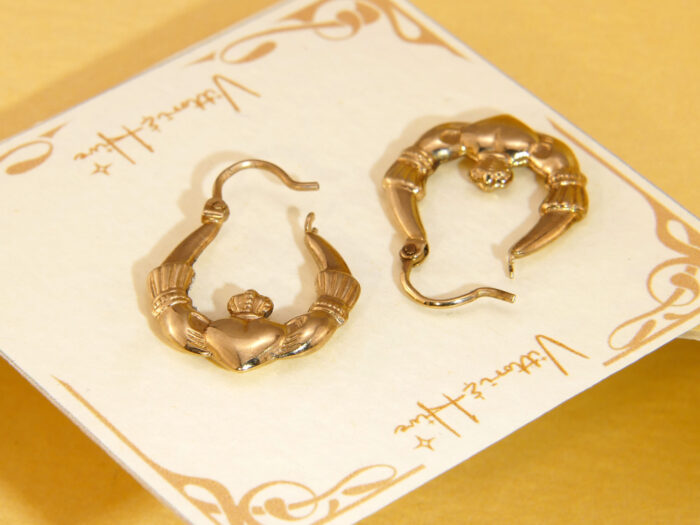 Vintage Claddagh Hoops 9ct Yellow Gold, Heart Hands Earrings 4