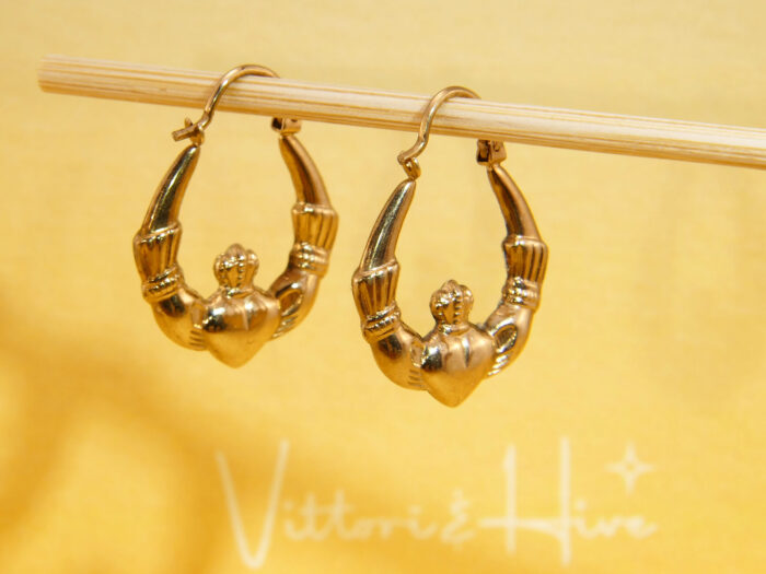 Vintage Claddagh Hoops 9ct Yellow Gold, Heart Hands Earrings 5