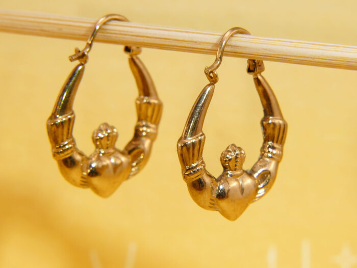 Vintage Claddagh Hoops 9ct Yellow Gold, Heart Hands Earrings 6