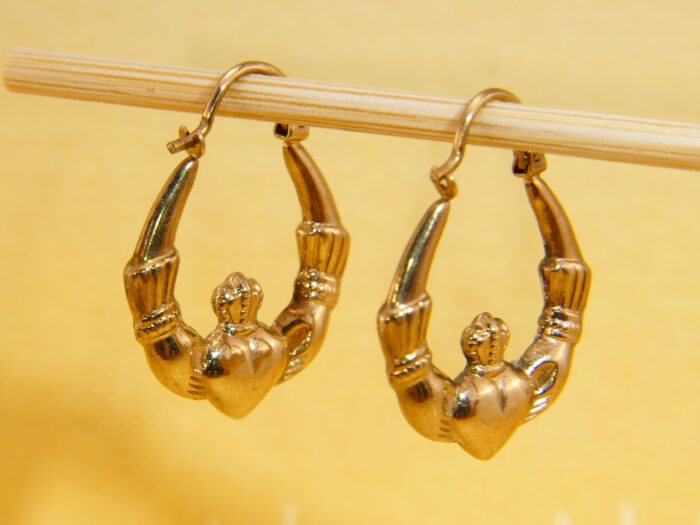 Vintage Claddagh Hoops 9ct Yellow Gold, Heart Hands Earrings 7