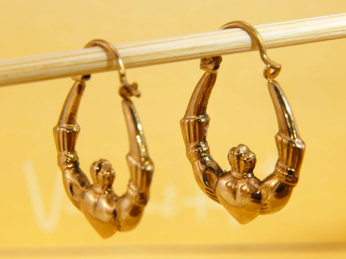 Vintage Claddagh Hoops 9ct Yellow Gold, Heart Hands Earrings 8