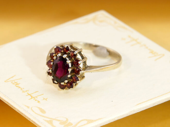 Vintage Silver Pyrope Garnet Halo Cluster Ring Bohemian Flower Daisy 1