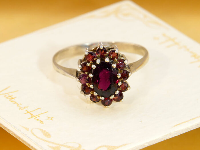 Vintage Silver Pyrope Garnet Halo Cluster Ring Bohemian Flower Daisy 2