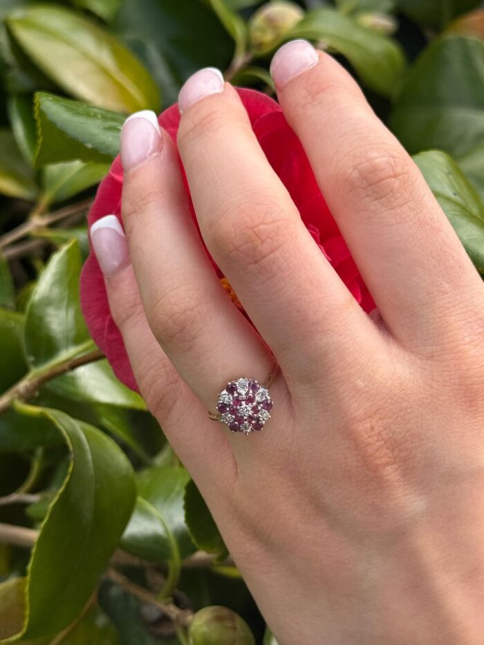 Vintage ruby diamond cluster ring yellow gold 2