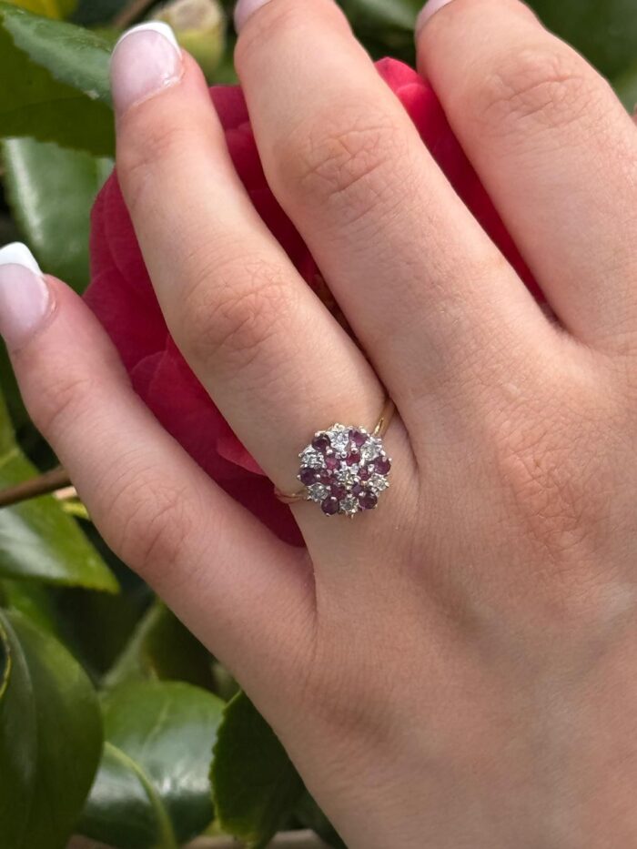 Vintage ruby diamond cluster ring yellow gold 4