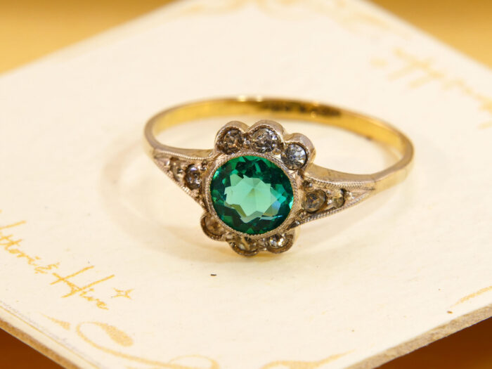 Art Deco Emerald Green Paste Halo Ring 9ct Gold Silver Antique 1920s Cluster Ring 1