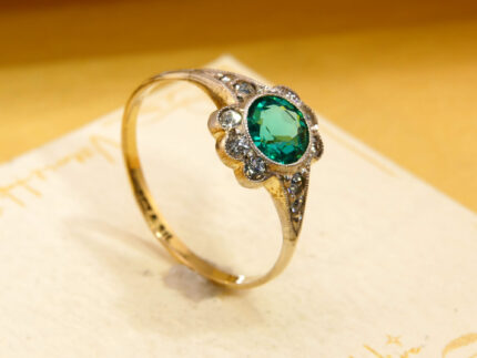 Art Deco Emerald Green Paste Halo Ring 9ct Gold Silver Antique 1920s Cluster Ring 10