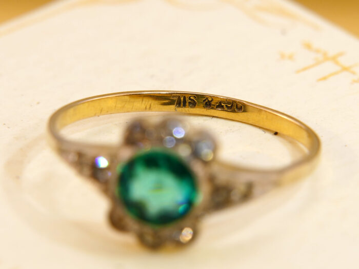 Art Deco Emerald Green Paste Halo Ring 9ct Gold Silver Antique 1920s Cluster Ring 2
