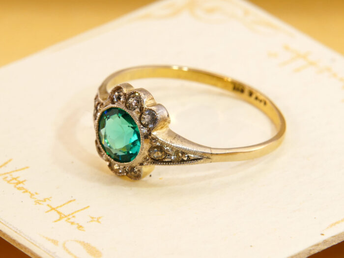 Art Deco Emerald Green Paste Halo Ring 9ct Gold Silver Antique 1920s Cluster Ring 3