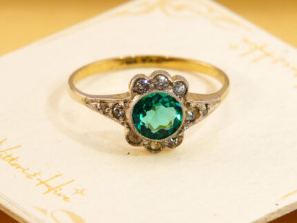Art Deco Emerald Green Paste Halo Ring 9ct Gold Silver Antique 1920s Cluster Ring 4