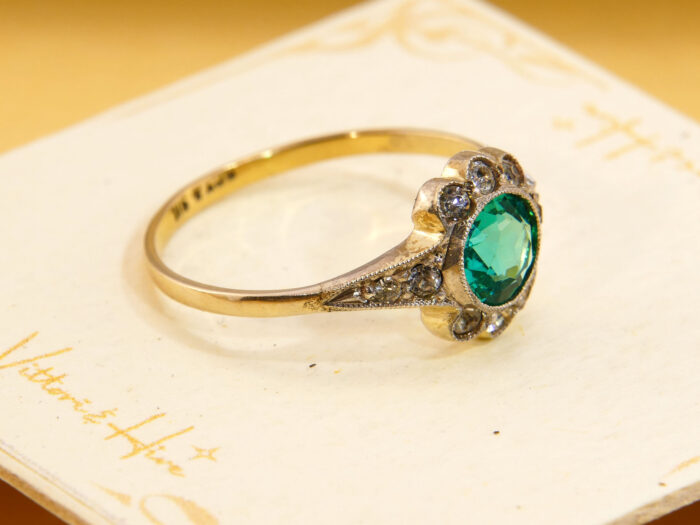 Art Deco Emerald Green Paste Halo Ring 9ct Gold Silver Antique 1920s Cluster Ring 5