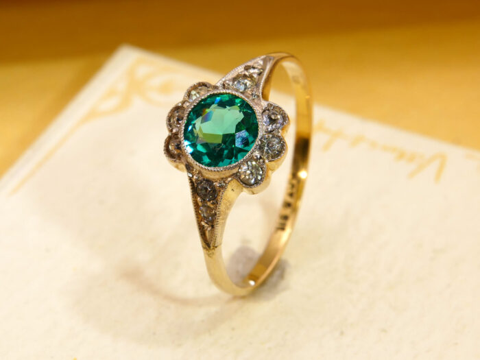 Art Deco Emerald Green Paste Halo Ring 9ct Gold Silver Antique 1920s Cluster Ring 7