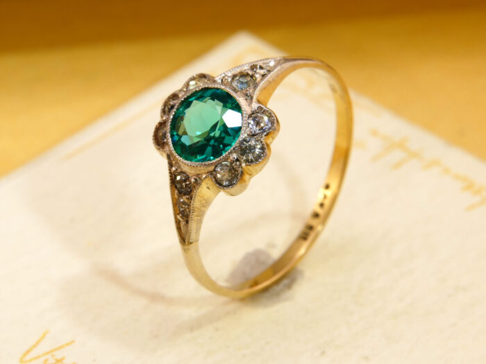 Art Deco Emerald Green Paste Halo Ring 9ct Gold Silver Antique 1920s Cluster Ring 9