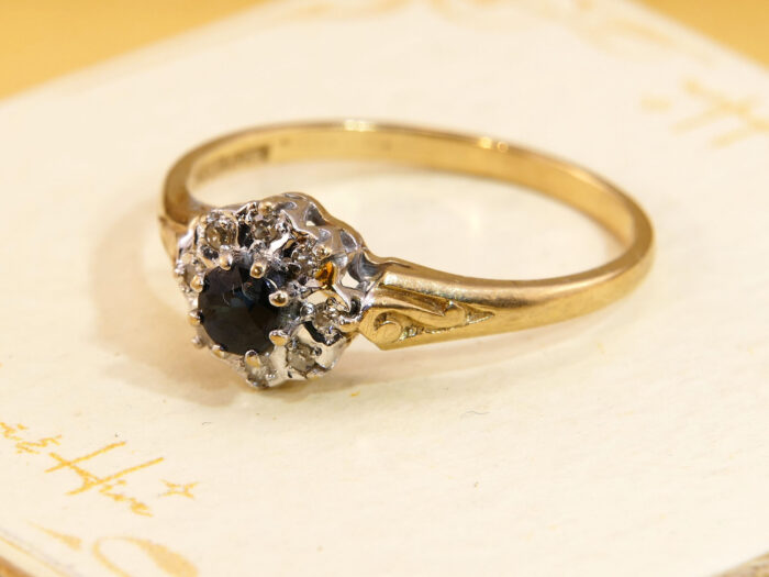 Vintage Diamond Sapphire Halo Ring 9ct GoldLondon Hallmark 1985 1