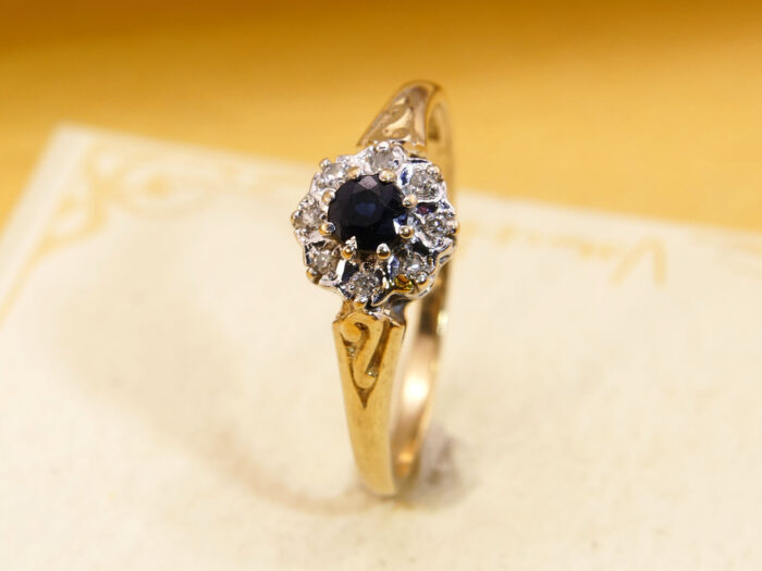 Vintage Diamond Sapphire Halo Ring 9ct GoldLondon Hallmark 1985 9