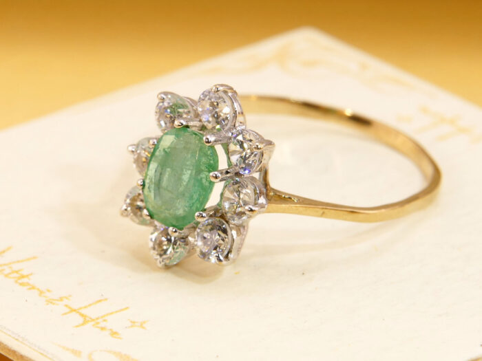 Vintage Emerald Halo Ring 9ct Gold London Hallmark 1987 1