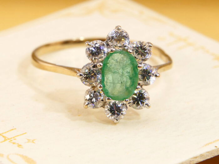 Vintage Emerald Halo Ring 9ct Gold London Hallmark 1987 3