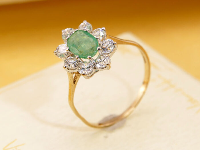 Vintage Emerald Halo Ring 9ct Gold London Hallmark 1987 7