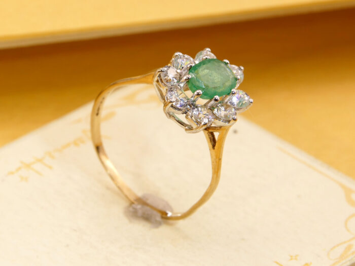 Vintage Emerald Halo Ring 9ct Gold London Hallmark 1987 9