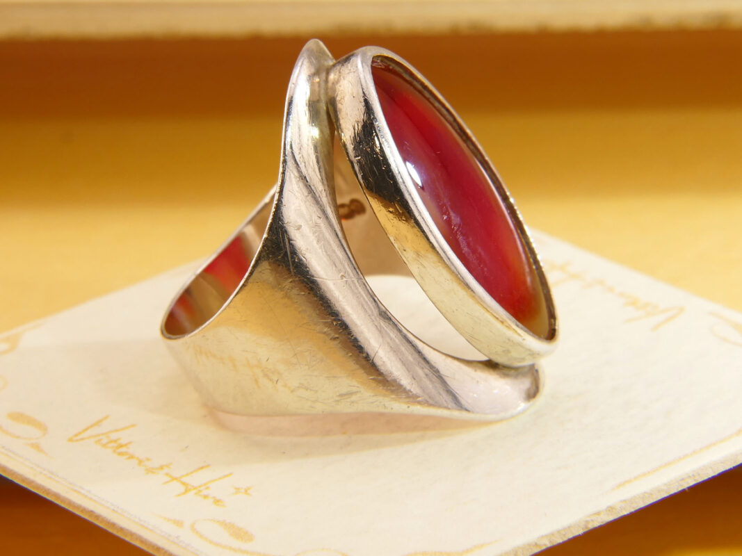 Vintage Chunky Silver Modenrist Ring Carnelian Red Gem 1970s 2