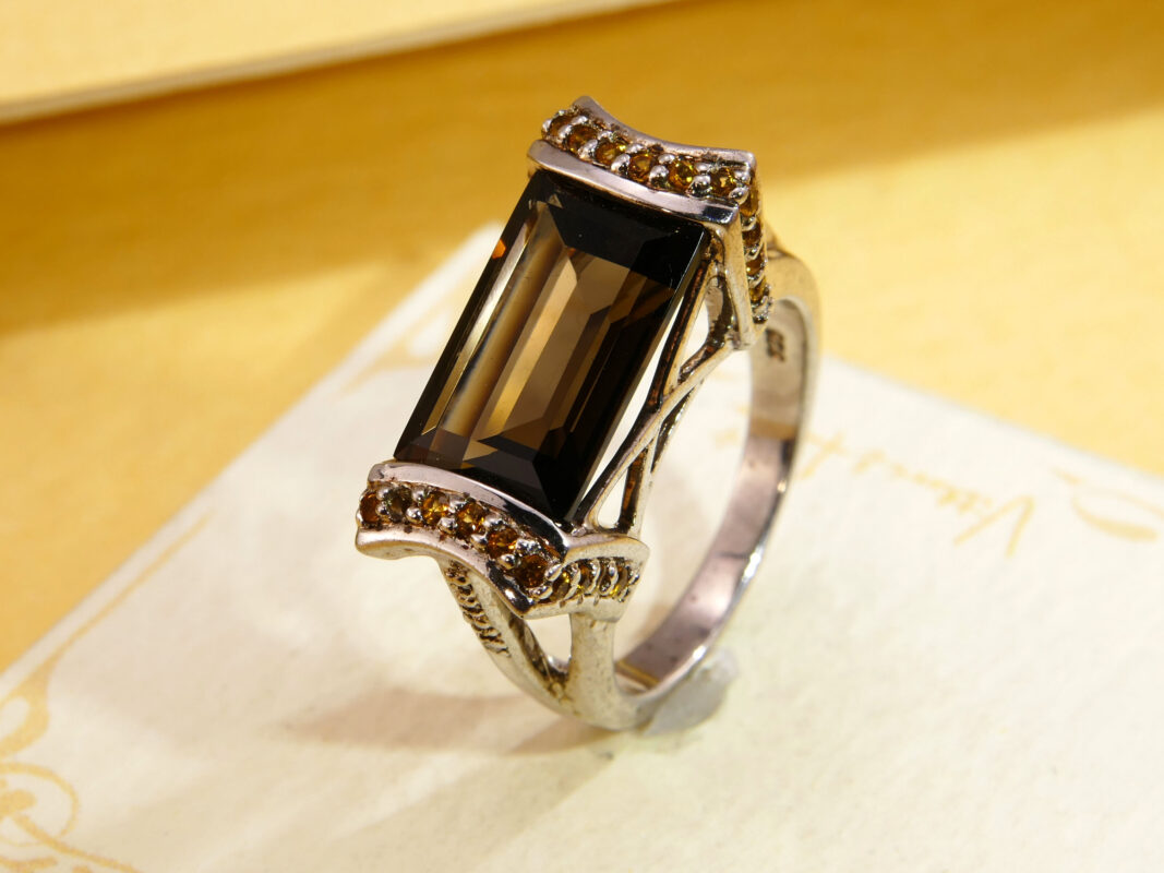 Vintage Smoky Quartz Statement Ring Sterling Silver Emerald Cut 7