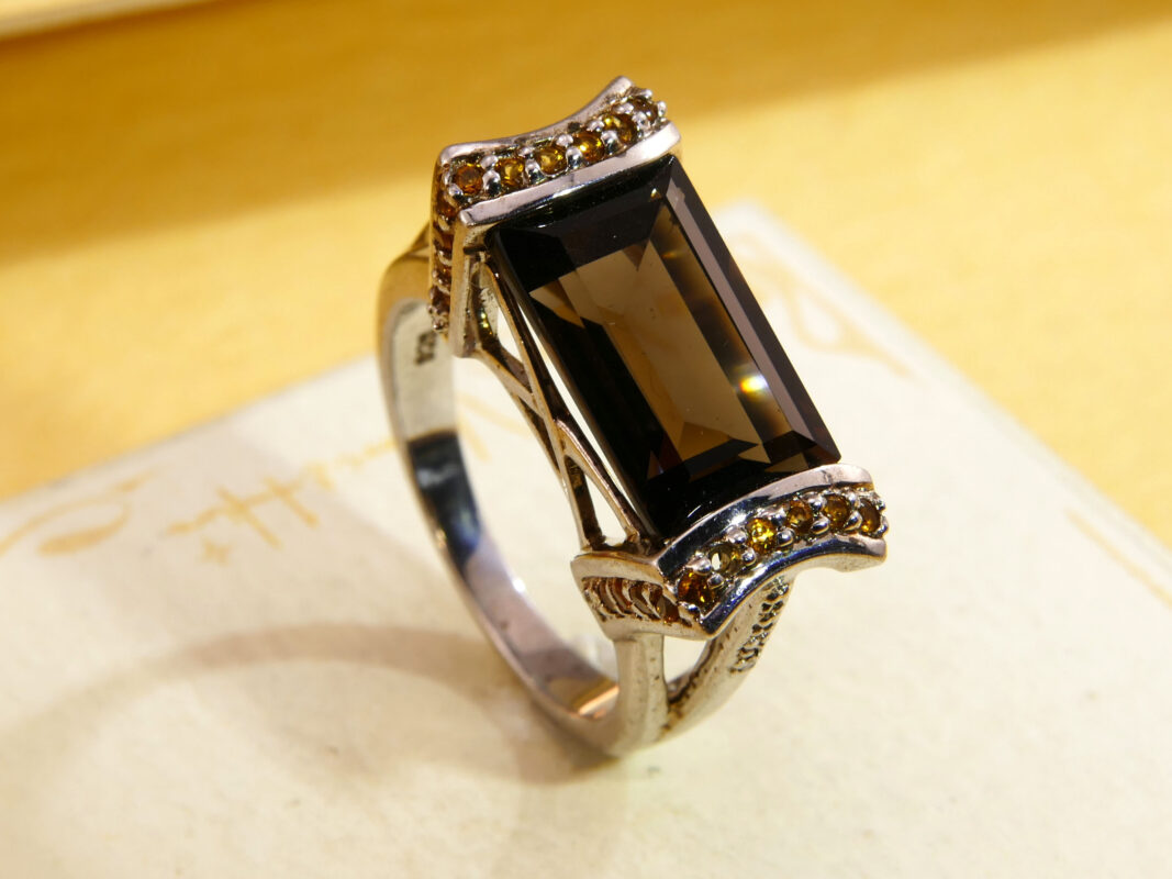 Vintage Smoky Quartz Statement Ring Sterling Silver Emerald Cut 8