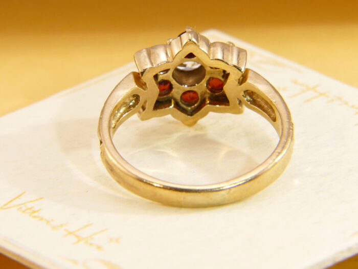 Vintage garnet cz zirconia yelow gold diasy ring heavy 5