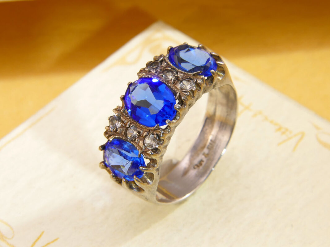 Victorian Silver Ring Blue Paste Sapphire Alt Diamonds Antique 1