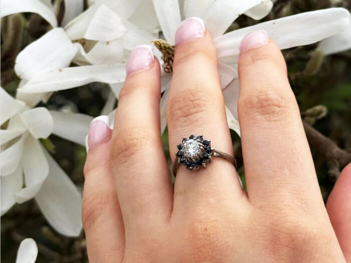 Vintage blue sapphire cubic zirconia cz daisy cluster ring 2