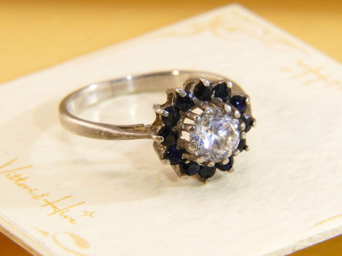 Vintage blue sapphire cubic zirconia cz daisy cluster ring 6