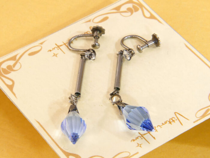 Art Deco Platinum Dangle Earrings Screw Blue Paste 1920s 4