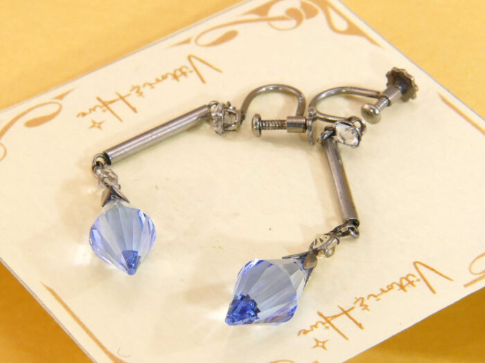 Art Deco Platinum Dangle Earrings Screw Blue Paste 1920s 5