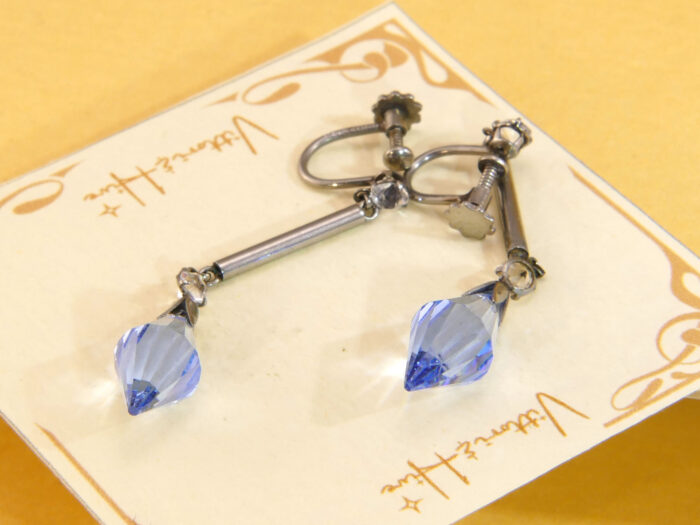 Art Deco Platinum Dangle Earrings Screw Blue Paste 1920s 6