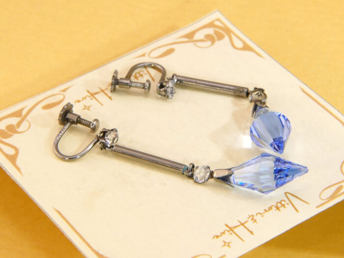 Art Deco Platinum Dangle Earrings Screw Blue Paste 1920s 7