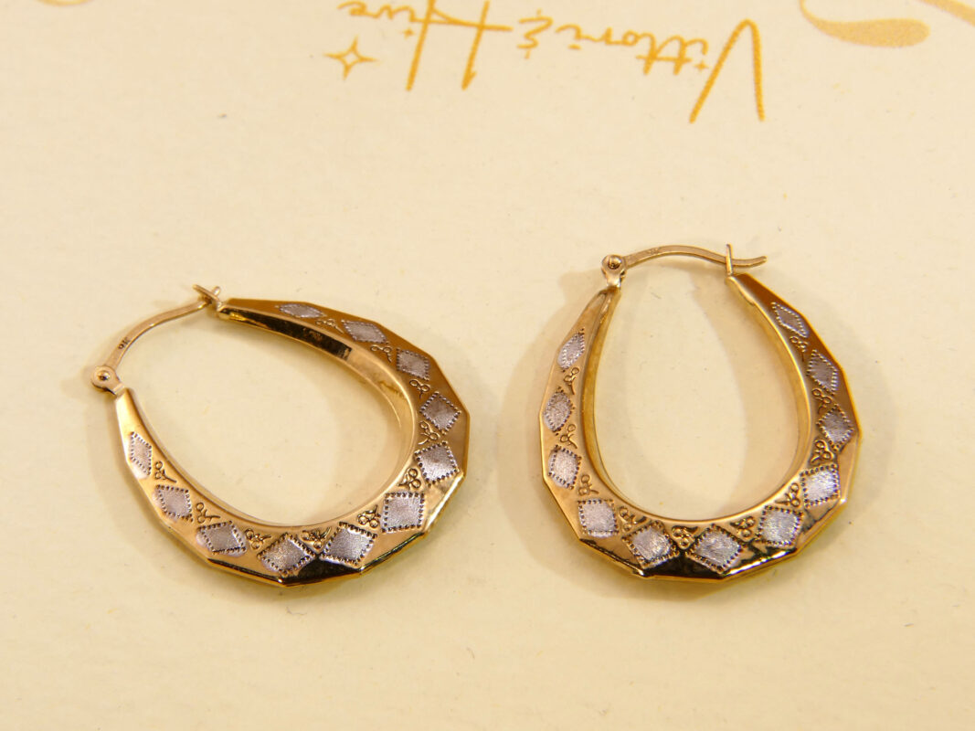 VIntage white Yellow Gold Creole Hoop Earrings 2