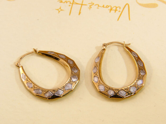 VIntage white Yellow Gold Creole Hoop Earrings 2