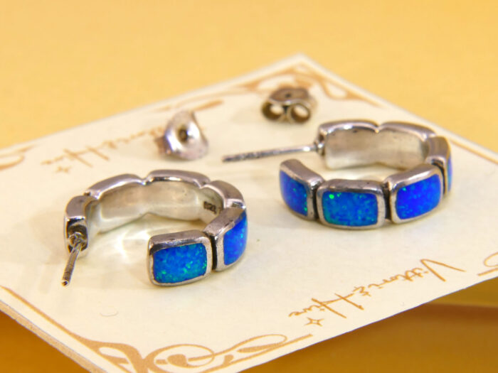 Vintage Chunky Silver Huggy Hoops Earrings Opal 1