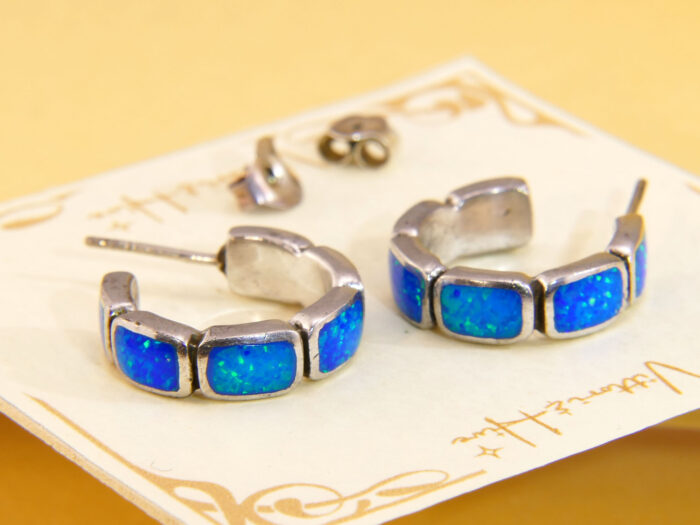 Vintage Chunky Silver Huggy Hoops Earrings Opal 3